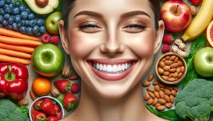 Una imagen vibrante que muestre una sonrisa saludable y radiante, con alimentos nutritivos en el fondo, como frutas, verduras, y nueces. Esta composición visual puede representar directamente la conexión entre una dieta saludable y una buena salud periodontal.