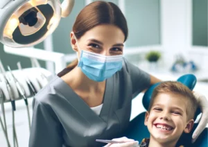 Una dentista con guantes y una máscara tratando a un niño en un sillón dental, el fondo muestra una clínica dental moderna