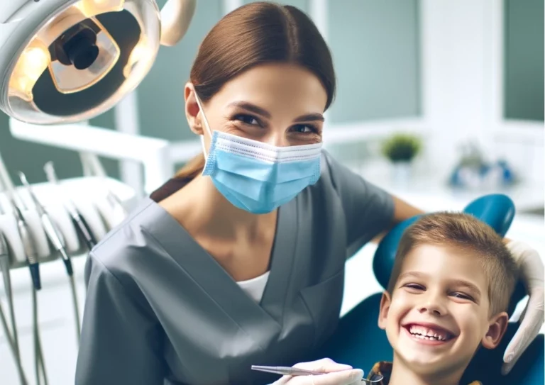 Una dentista con guantes y una máscara tratando a un niño en un sillón dental, el fondo muestra una clínica dental moderna